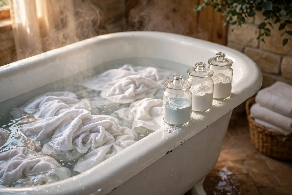 Bathtub of hot water with soaking towels and three jars of laundry powders