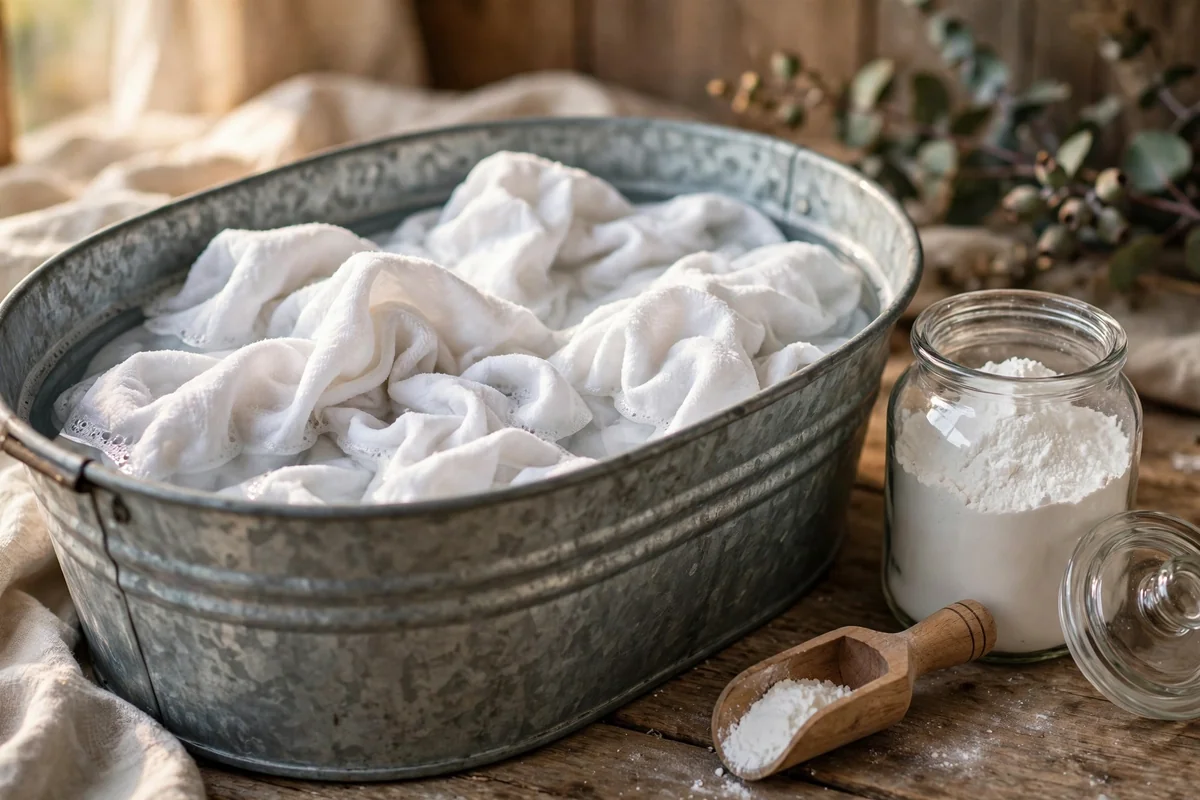 White towels soaking in a galvanised tub with borax powder and a wooden scoop