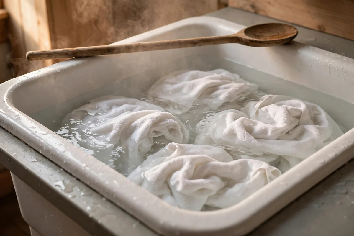 White towels soaking in a utility sink of steaming clear water