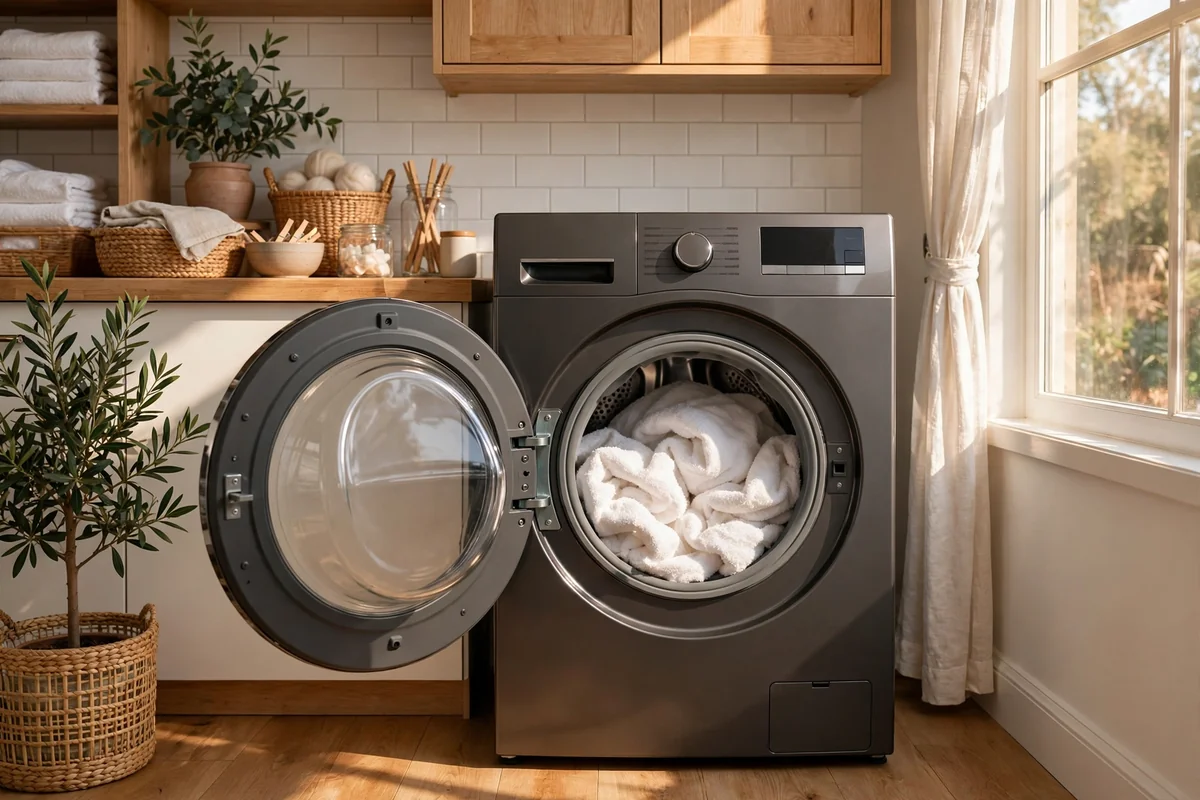 Front load washing machine with fluffy white towels inside the drum