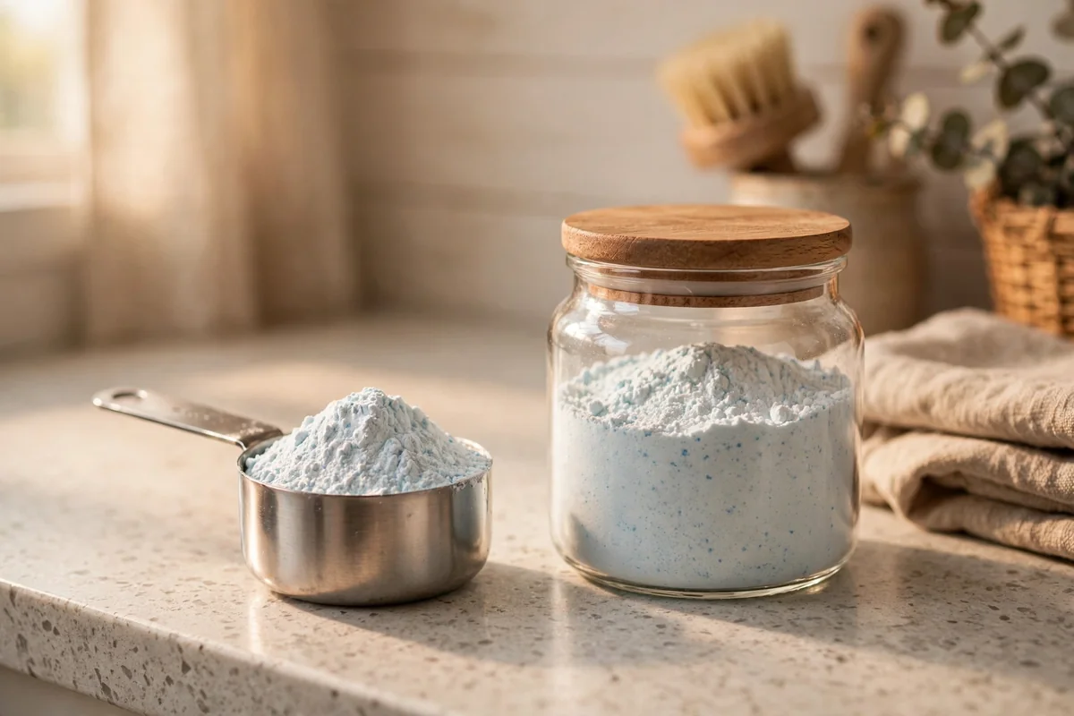 Small scoop with a modest amount of powdered detergent beside a detergent jar