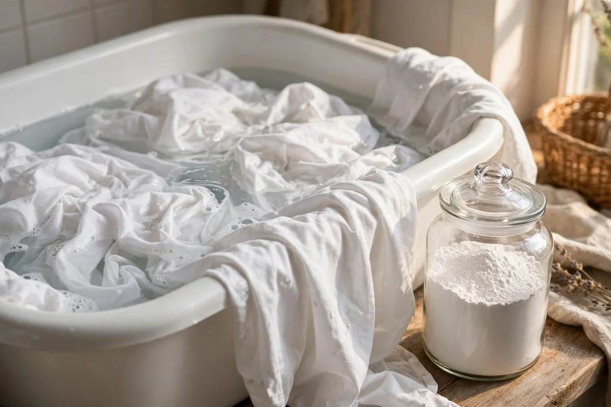 White cotton sheets soaking in a tub with a jar of oxygen bleach powder