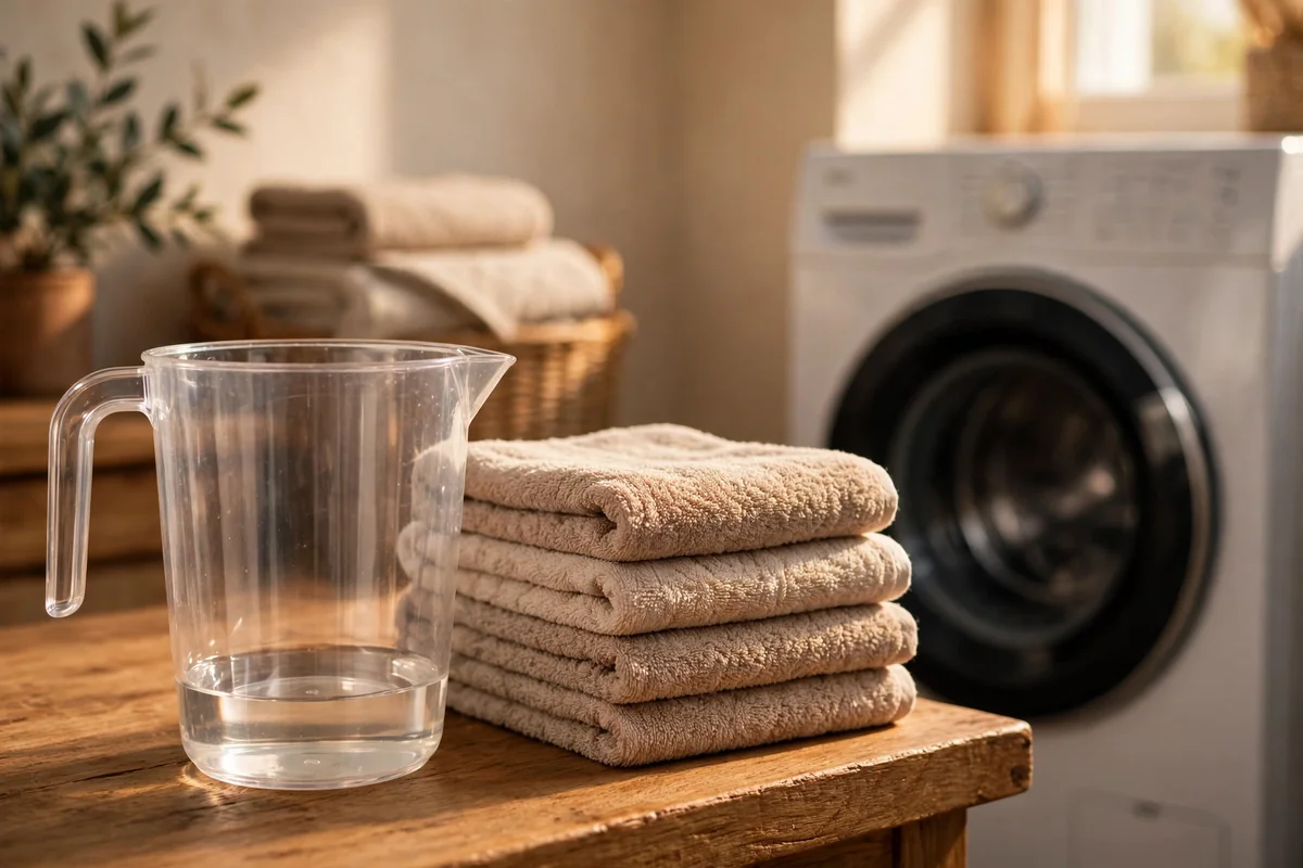 Measuring jug of white vinegar beside a washing machine and folded towels