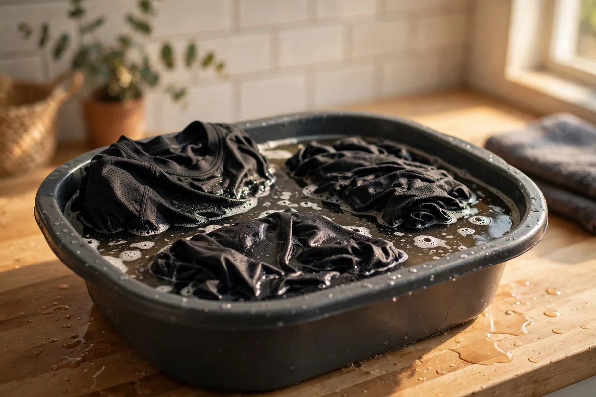 Dark athletic shirts and leggings soaking in a basin of warm water