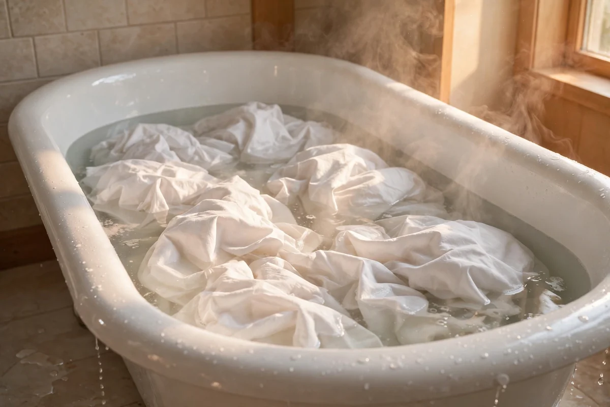 White cotton bed sheets soaking in a bathtub of warm water