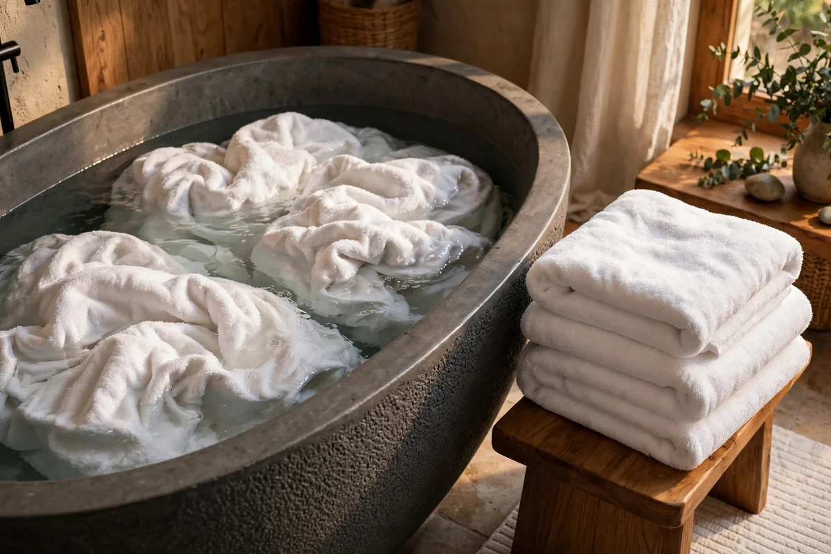 Thick white bath towels soaking in a deep tub with fresh towels beside it