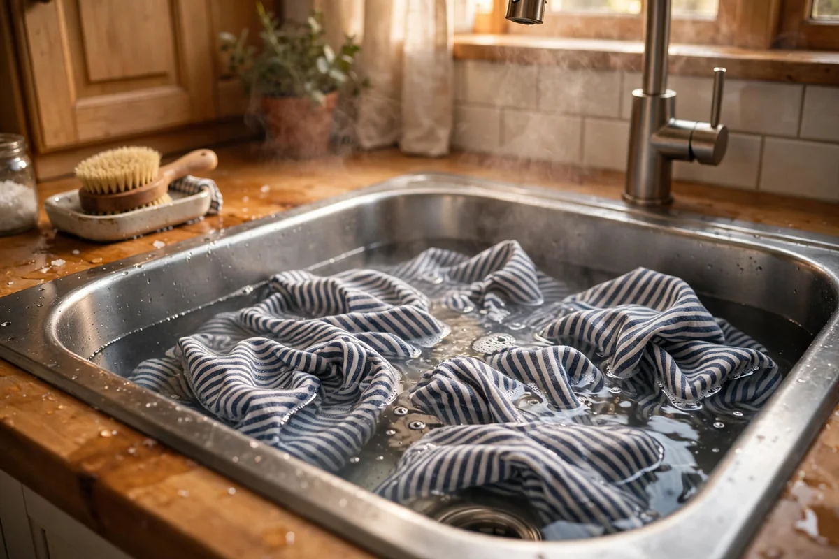 Striped cotton kitchen towels soaking in a stainless steel sink