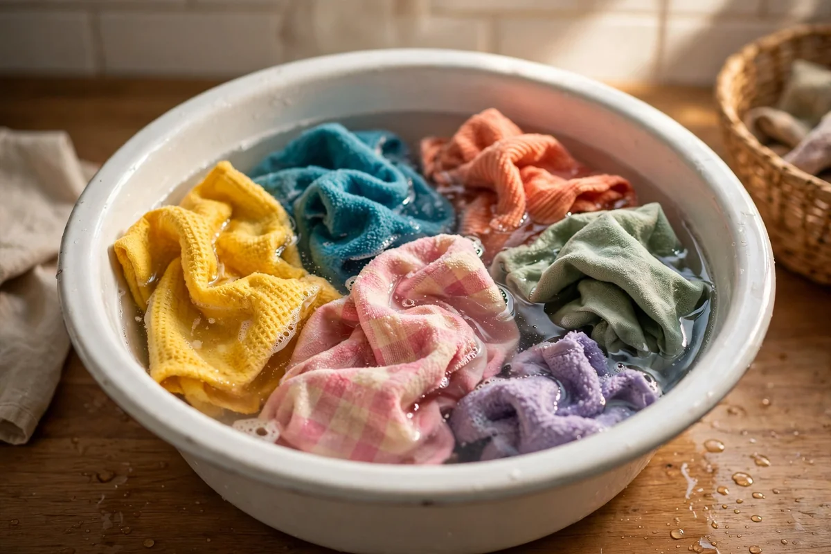 Colourful reusable cleaning cloths soaking in a white basin