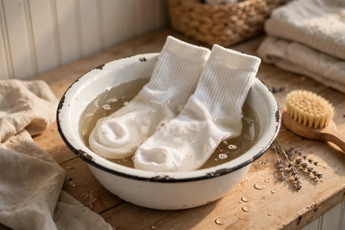 White cotton socks soaking in a small enamel bowl of warm water