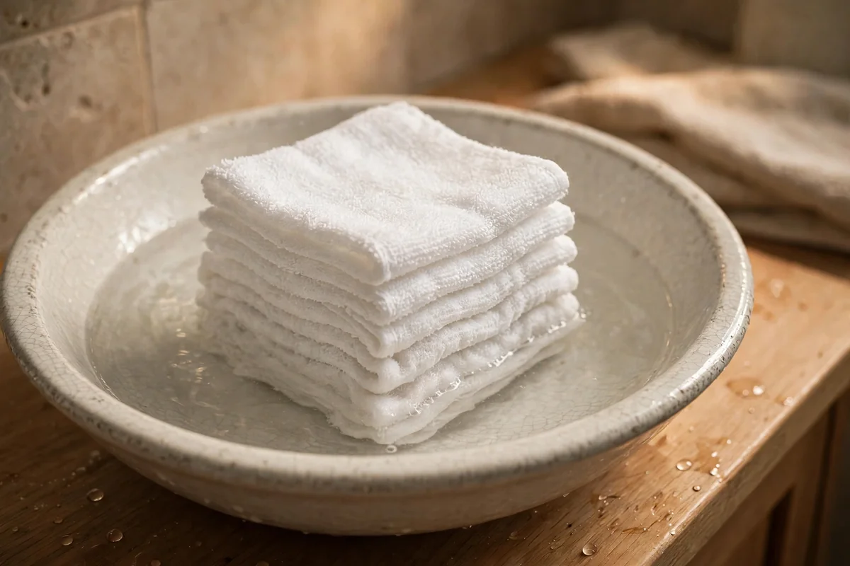 Stack of small white washcloths partly soaking in a ceramic basin