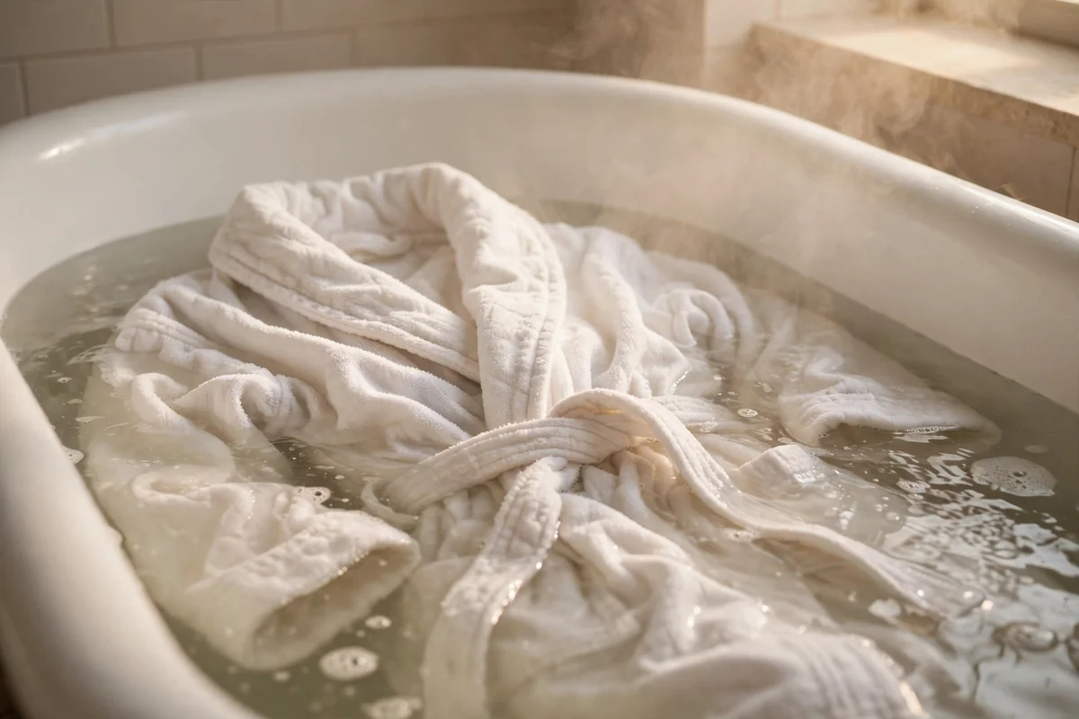 Thick white cotton bathrobe soaking in a bathtub of warm water