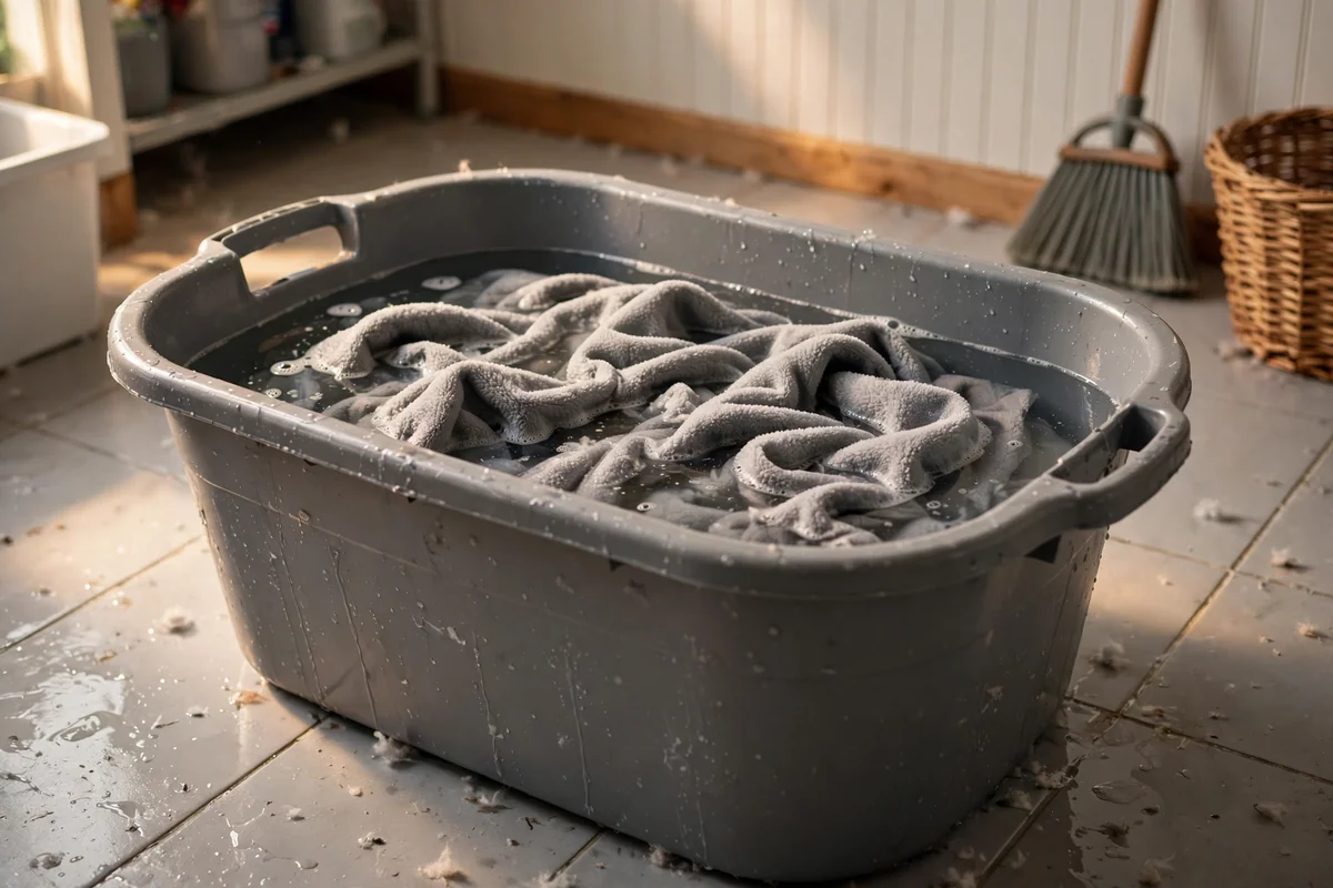 Grey fleece pet blanket soaking in a large plastic laundry tub