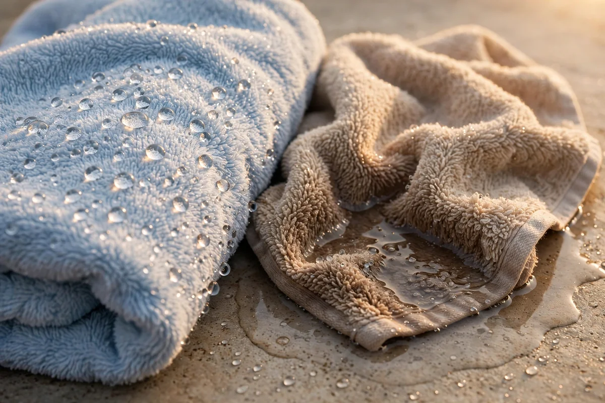 Water beading on a softener coated towel beside a towel absorbing a puddle