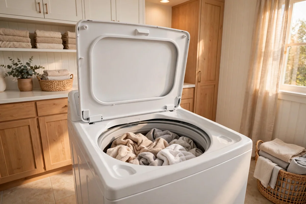 Top load washing machine filled only halfway with towels