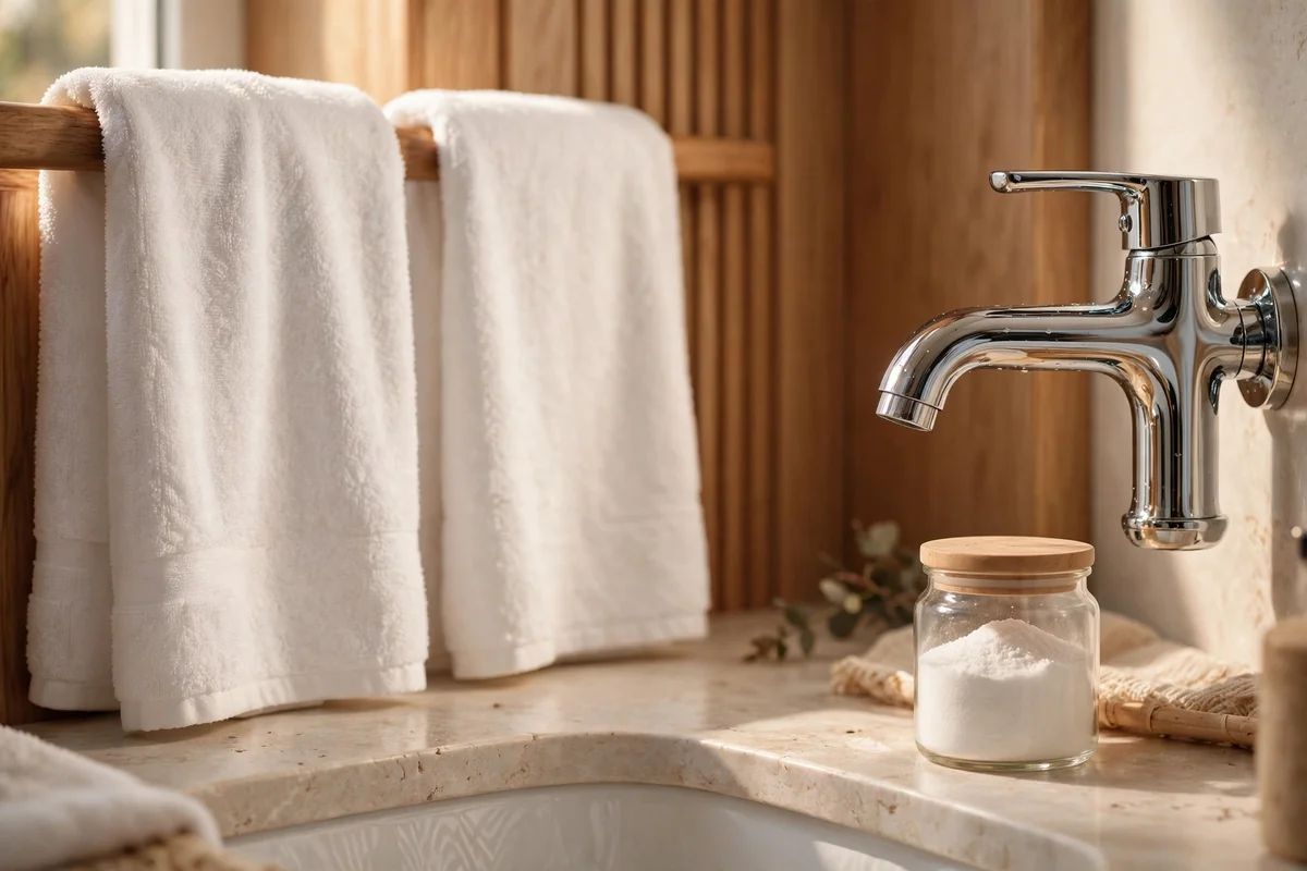 Fresh white towels by a chrome tap with a jar of water softener powder