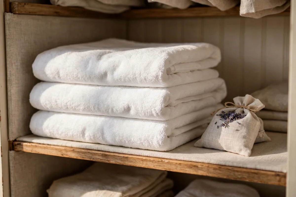 Folded white guest towels on a linen cupboard shelf with a lavender sachet