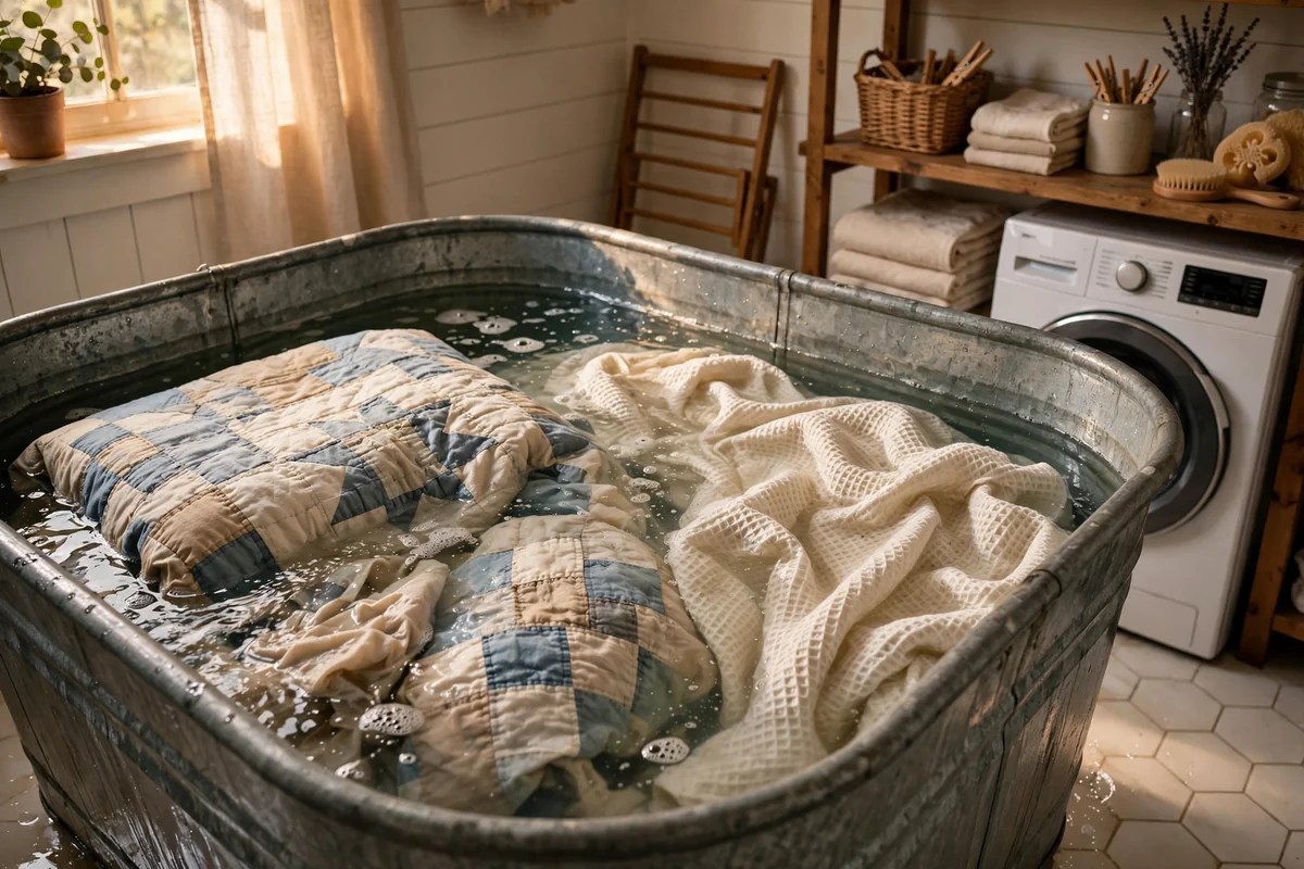 Cotton quilt and lightweight blanket soaking in a very large tub