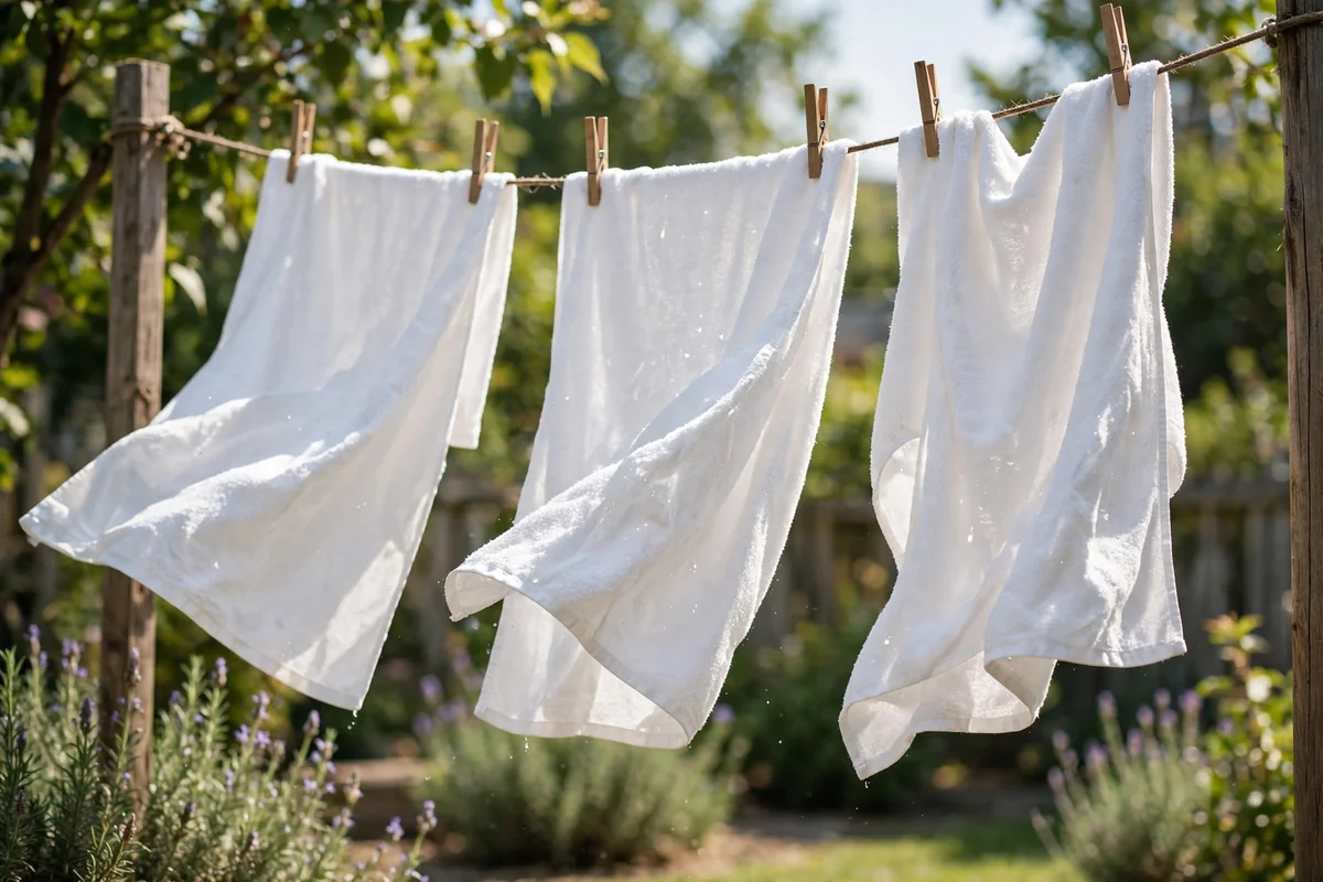 Freshly washed white towels hanging on a line in bright daylight