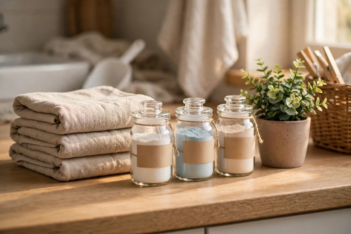 Organised laundry counter with glass jars of powders and folded towels