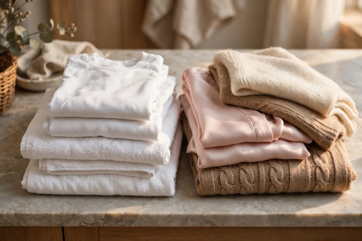Laundry sorted into sturdy white cottons and a separate pile of delicates