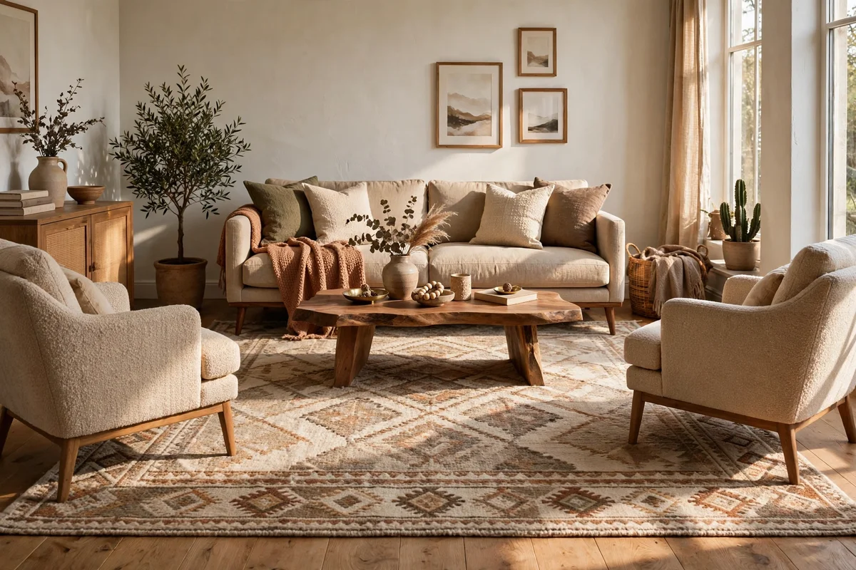 A generously sized rug with the front legs of the sofa and armchairs resting on it