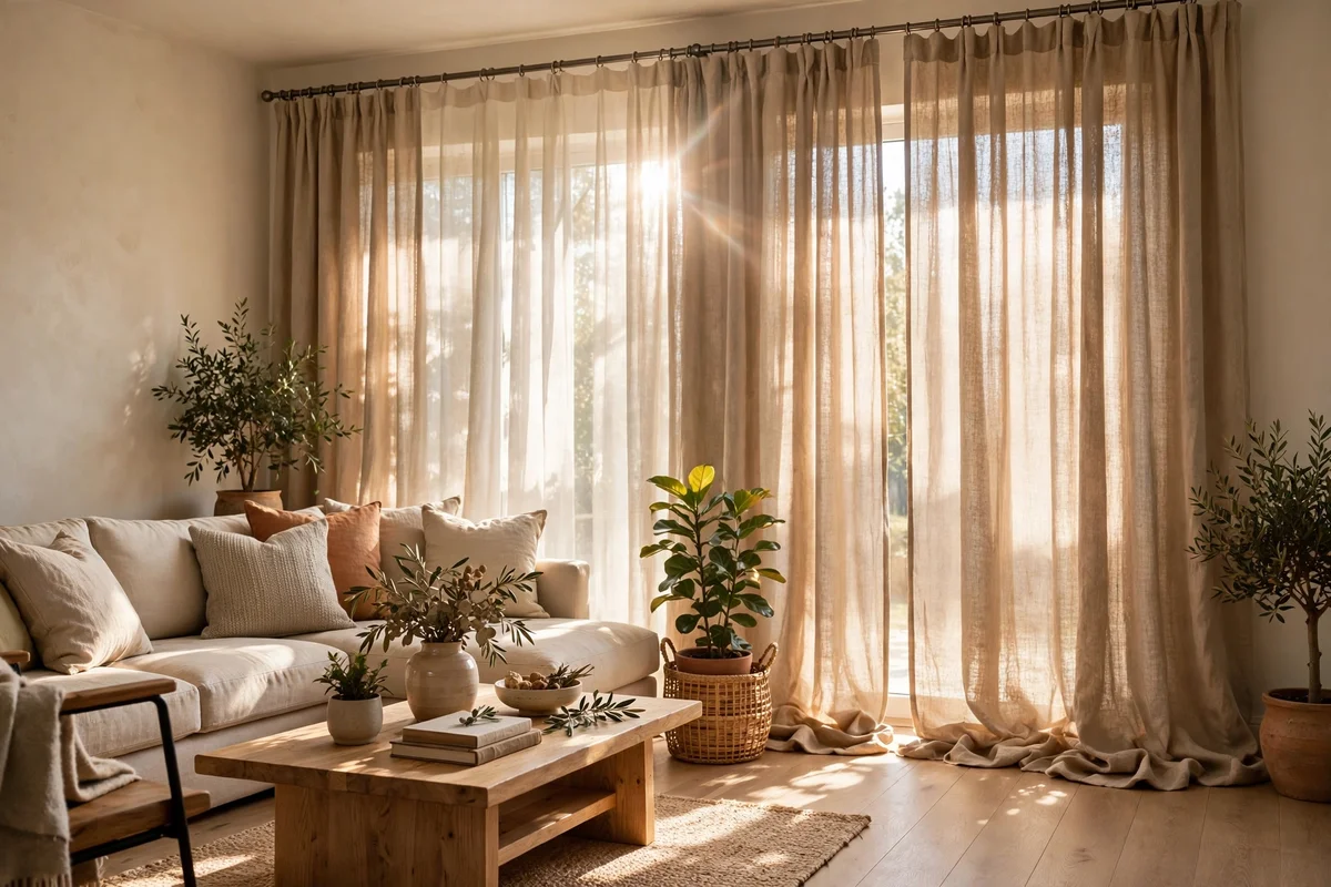 Tall linen curtains hung from a rod set near the ceiling, pooling softly on the floor