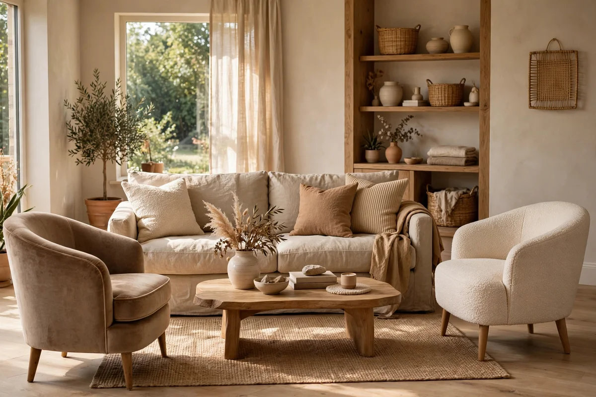 A linen sofa flanked by velvet and boucle armchairs in warm neutral tones