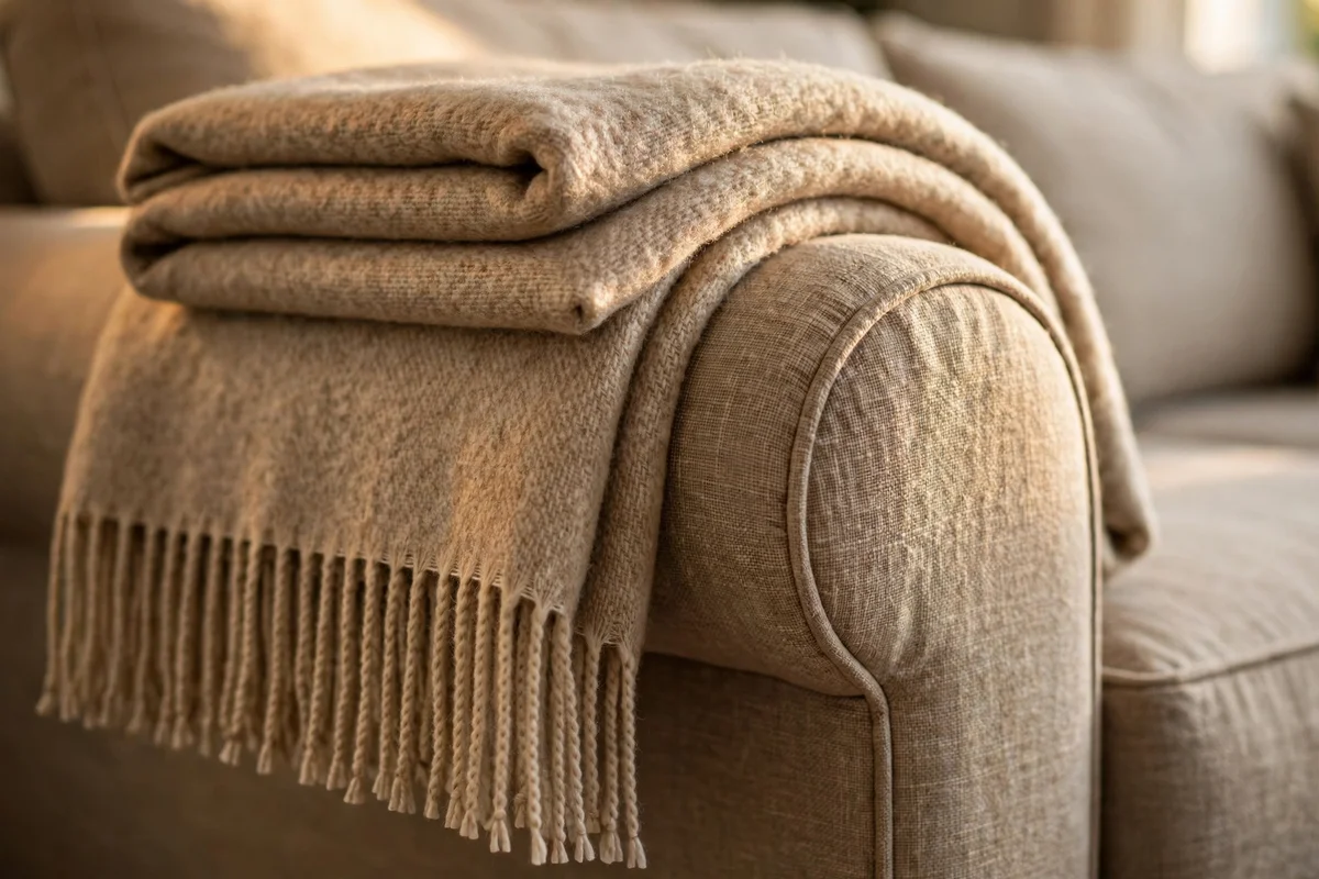A wool throw folded into thirds and draped neatly over a sofa arm