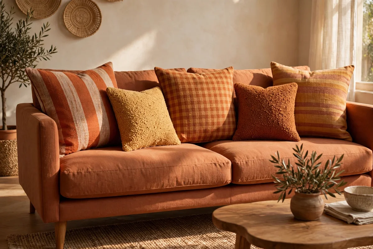 Sofa cushions arranged in large, medium and small pattern scales in one colour family