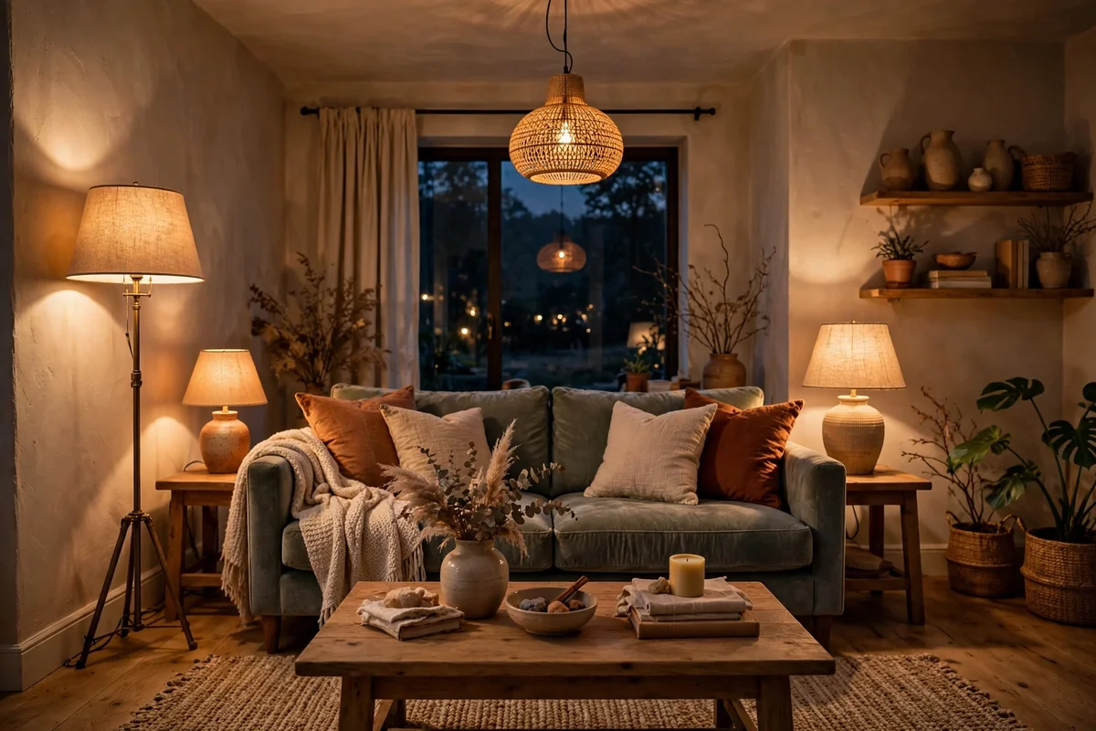 A living room glowing in the evening with a floor lamp, table lamps and a pendant