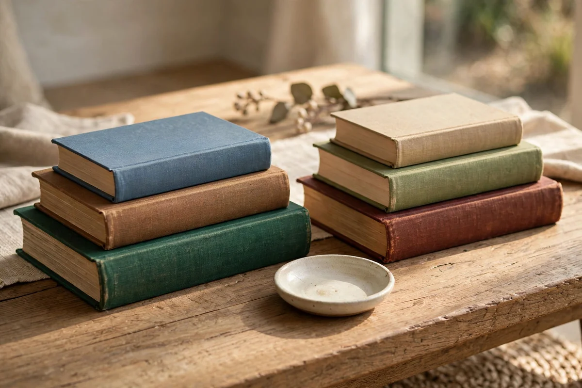 Neat odd-numbered stacks of hardback books on a coffee table