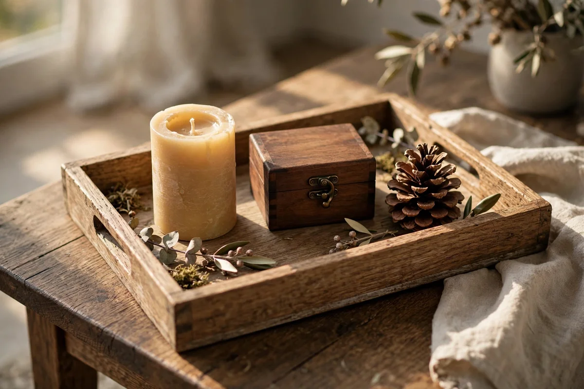 A wooden tray on a coffee table gathering a candle and small objects