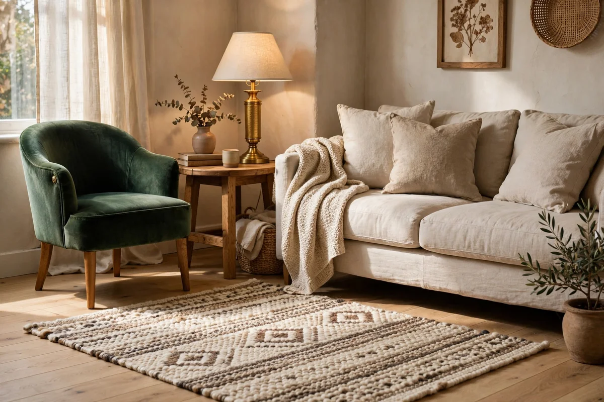 A living room corner showing five distinct textures in wool, linen, velvet, oak and brass