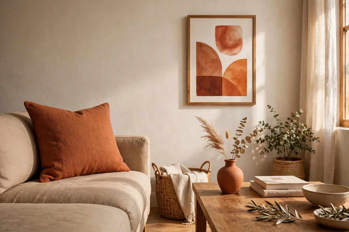 A terracotta accent colour repeated in a cushion, a vase and wall art