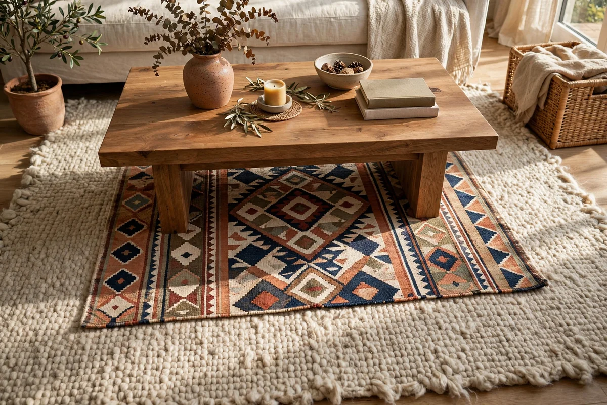 A smaller patterned flatweave rug layered over a large main rug under a coffee table