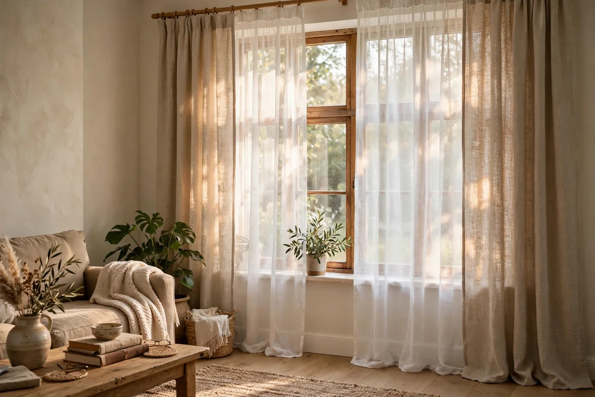 Sheer curtains layered under heavier linen panels on a living room window