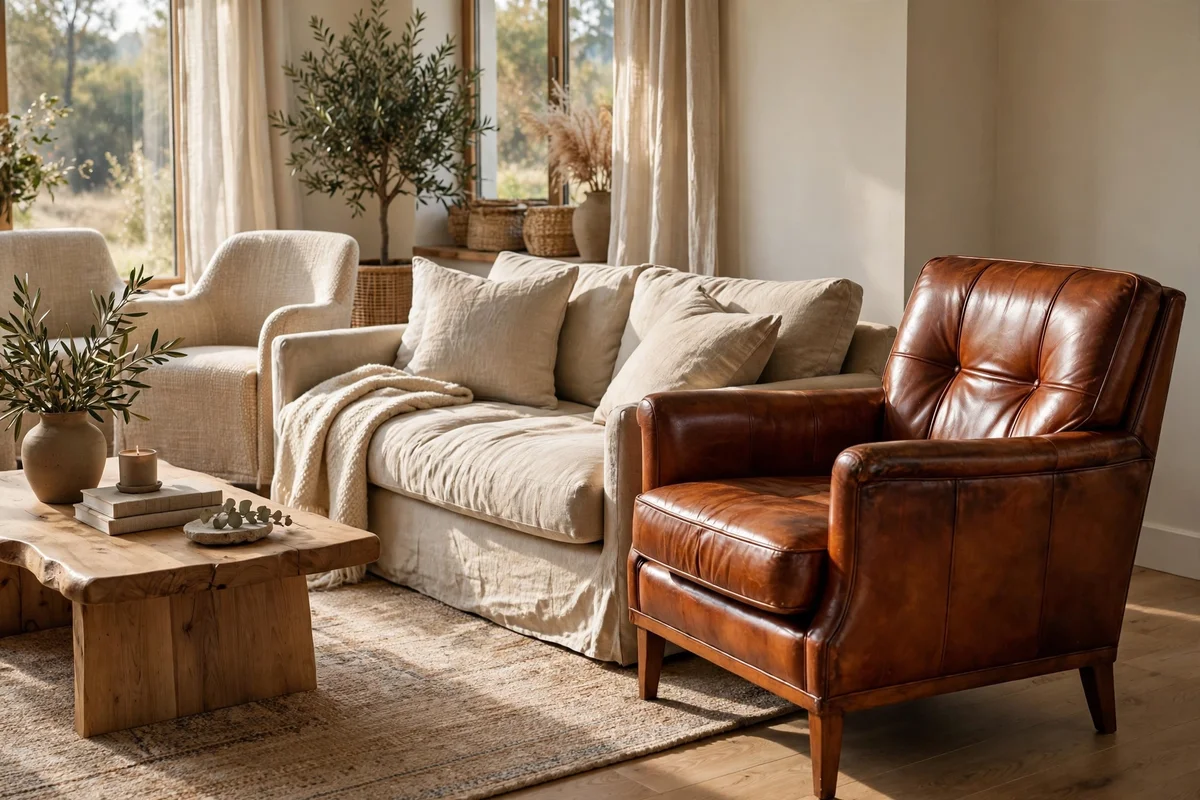 A cognac leather armchair angled beside a linen sofa and fabric chairs