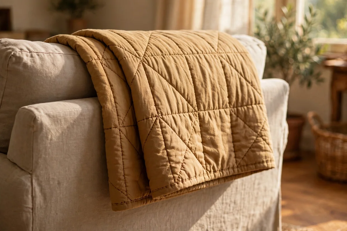 A quilted runner draped over the back of a sofa with stitched texture visible
