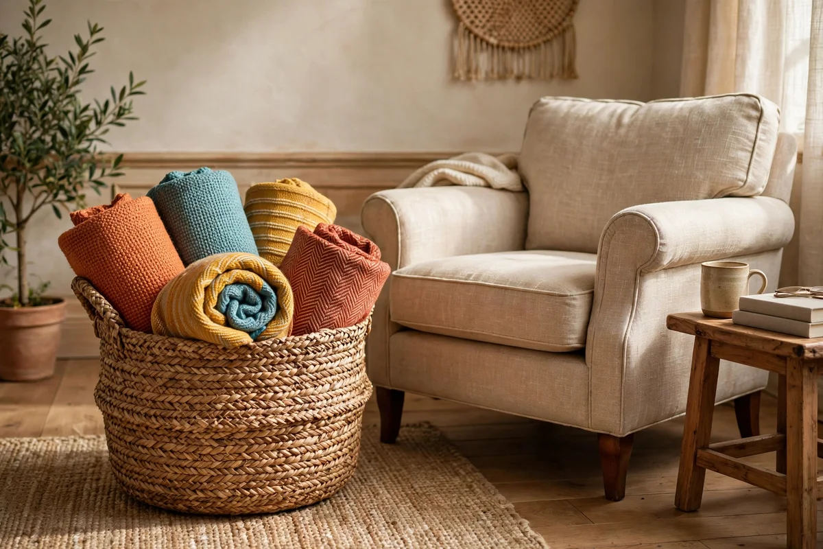 A woven basket of rolled colourful throws beside a reading armchair