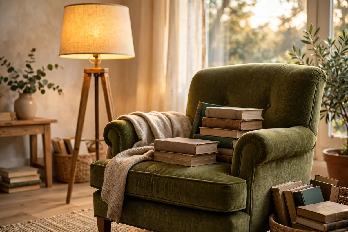 A tall floor lamp with a linen shade glowing behind a reading armchair