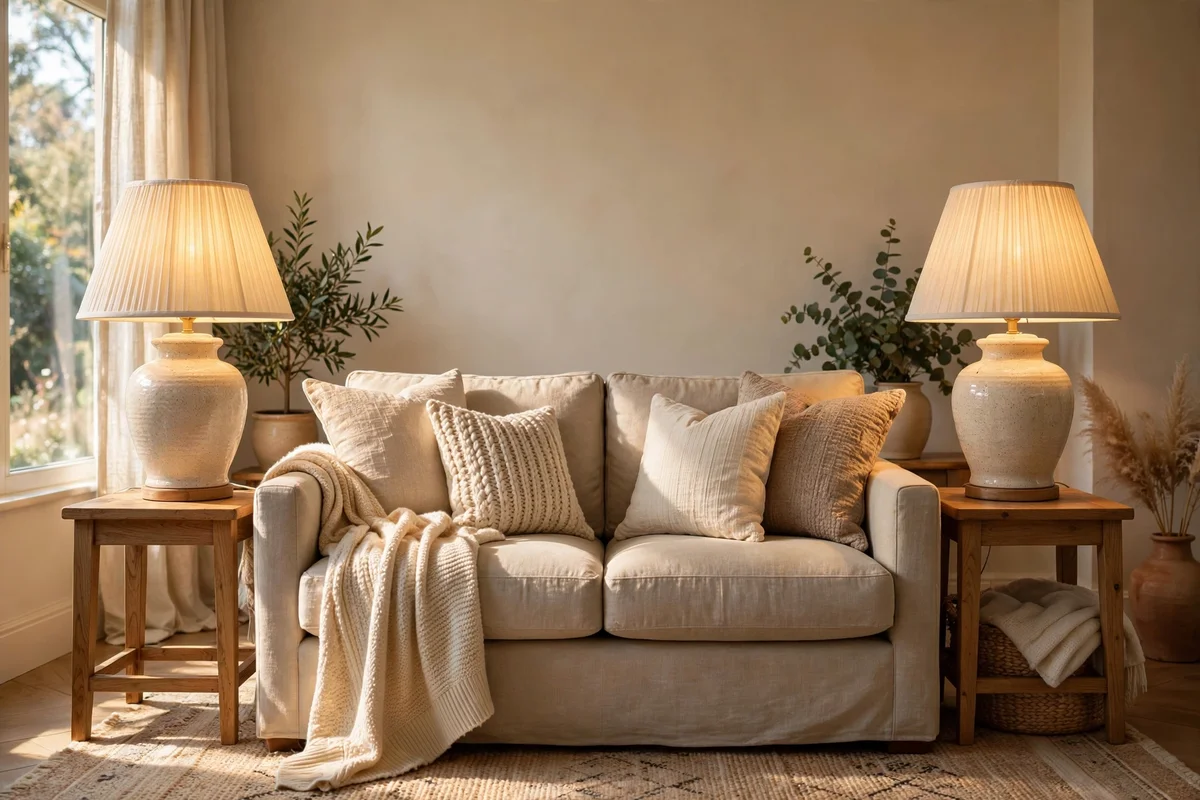 Matching table lamps glowing on side tables flanking a sofa