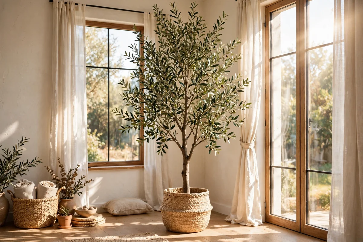 A tall olive tree in a woven seagrass pot standing in a bright living room corner