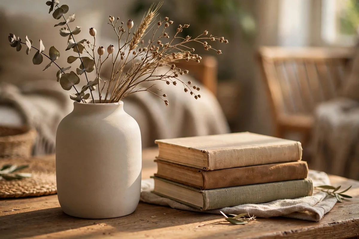 A plain matte ceramic vase with dried stems beside a stack of books on a coffee table