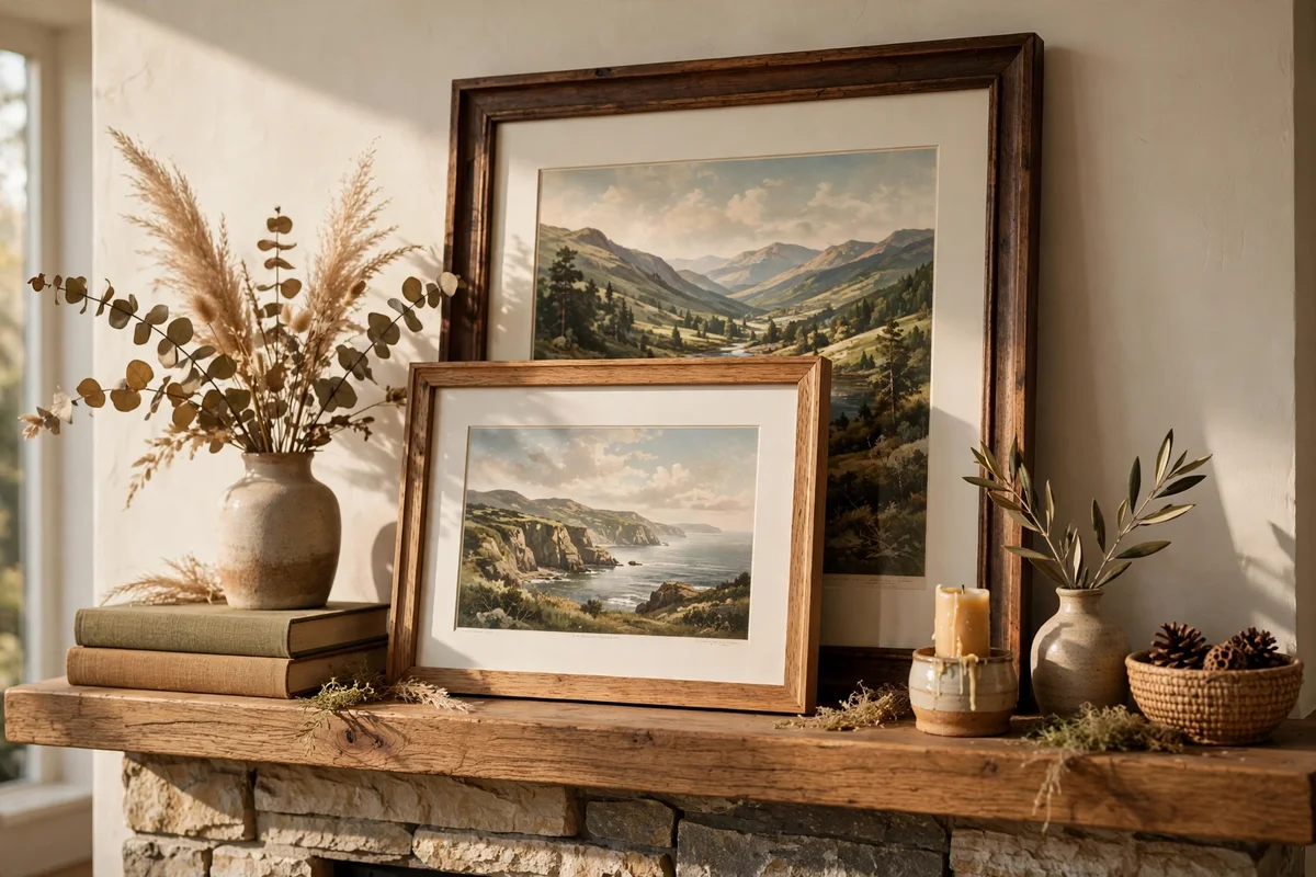 Framed landscape prints layered in two depths on a mantel shelf