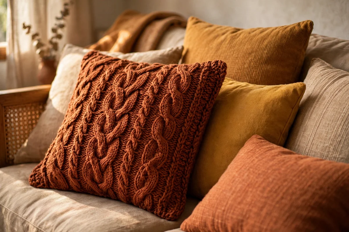 A hand-knitted cushion cover in warm rust among sofa cushions