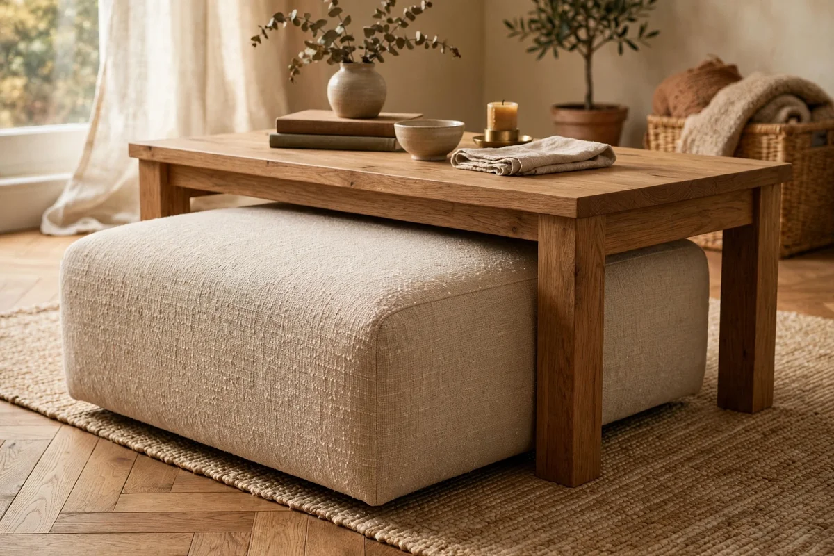 A low upholstered ottoman tucked halfway under a wooden coffee table