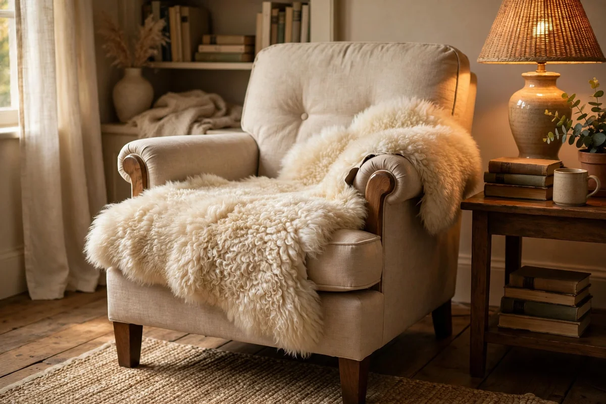A sheepskin draped over the seat of a reading armchair in warm light
