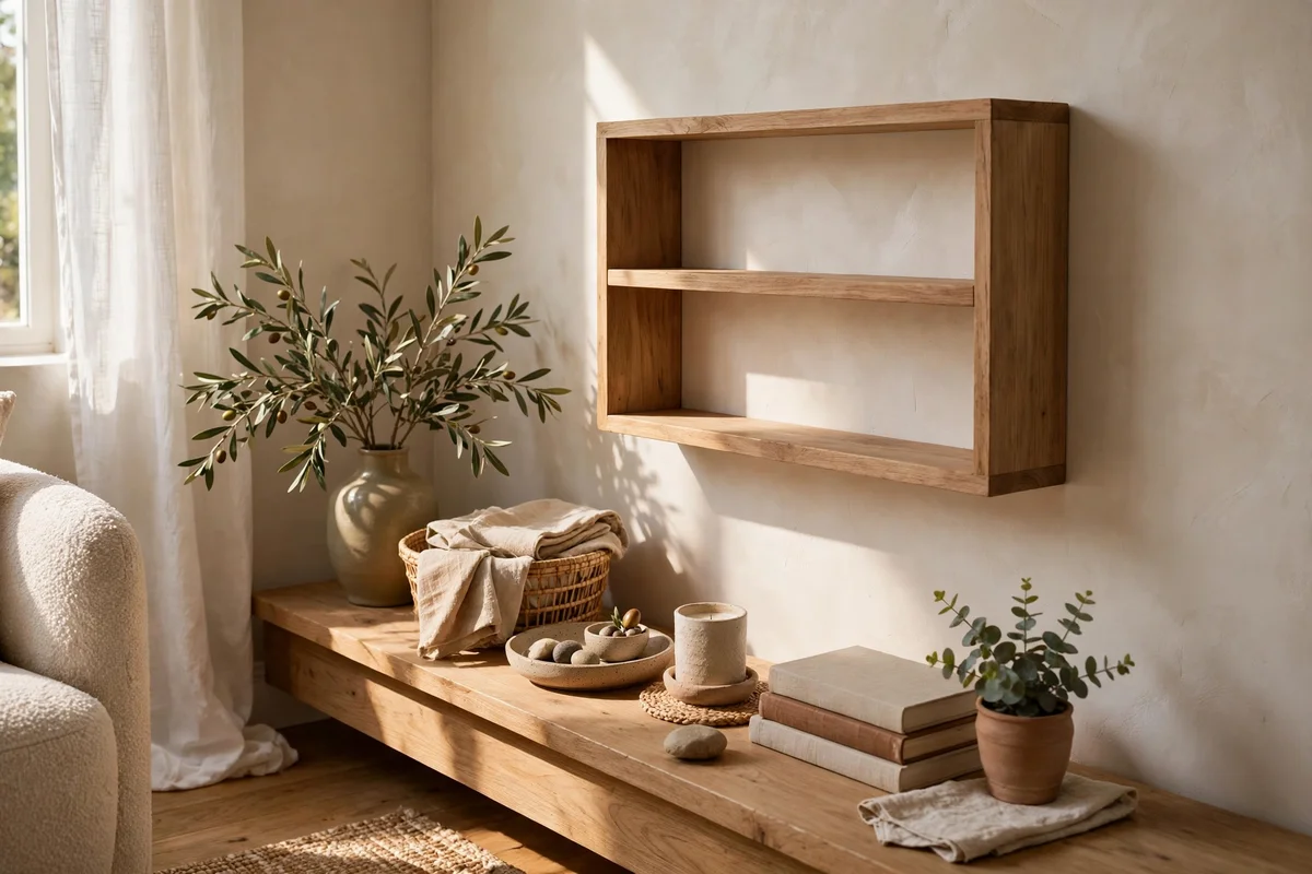 A calm living room corner with one deliberately bare wooden shelf surface