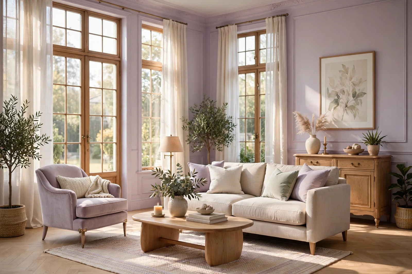 Wide view of a beautiful serene living room with soft lilac walls and elegant furniture in sunlight