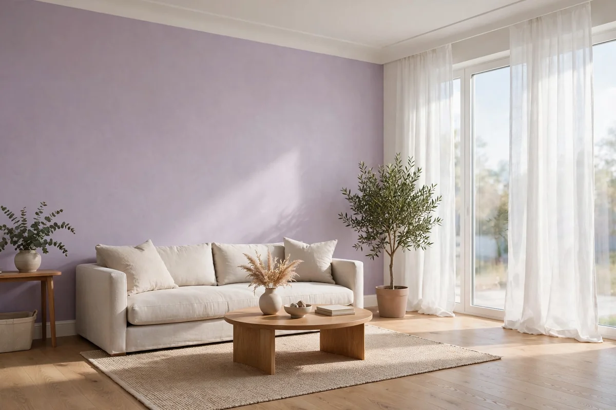 Living room with soft lilac painted walls, airy and bright with minimal furniture